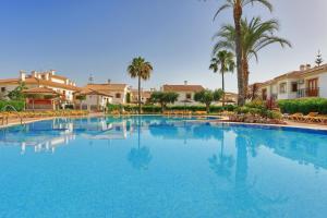 une grande piscine avec des palmiers et des maisons dans l'établissement Infinity Beach Resort Vera, à Vera