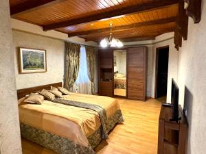 a bedroom with a large bed and a flat screen tv at Charda Hotel in Uzhhorod
