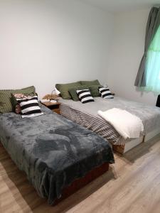 two beds sitting next to each other in a room at Tiszti Szálló Apartman in Verpelét