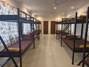 a row of bunk beds in a dorm room at The Rishi Van Dormitory, Khetri,Rajasthan,Farm No 52-55,Vally Drive,Retreat Nature Farms Society Complex in Khetri