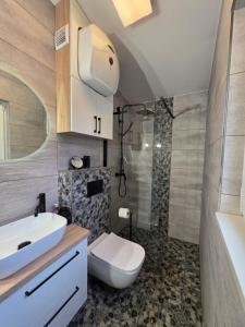 a bathroom with a sink and a toilet and a shower at Apartamenty Boszkowo Lakeside in Boszkowo