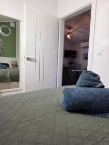 a living room with a bed and a room with a door at Apartamenty Boszkowo Lakeside in Boszkowo +44 photos