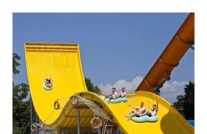 a group of people riding on a slide at a water park at Apartma Zala in Brežice