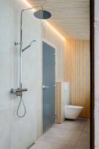 a bathroom with a shower and a toilet at Borderlake One in Ruka