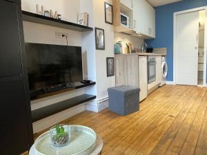 a living room with a large flat screen tv at Charmant studio Hyper centre in Dreux