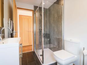 a bathroom with a shower and a toilet and a sink at Bluebell Lodge in Carnforth +24 photos
