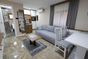 ein Wohnzimmer mit Sofa und Tisch in der Unterkunft Vila Sofija Banja Vrujci in Gornja Toplica