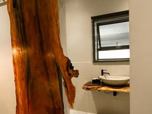 a bathroom with a sink and a wooden piece of wood at The Roaming Goat Guesthouse in Toekoms