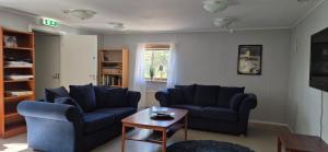 a living room with two blue couches and a table at Kalkbrottets Vandrarhem in Slite