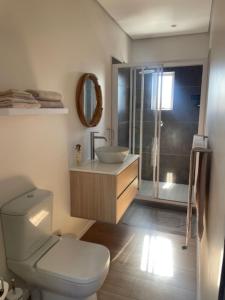 a bathroom with a toilet and a sink and a shower at Blissful Barons View in Plettenberg Bay