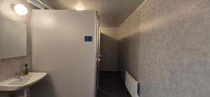 a bathroom with a sink and a toilet and a mirror at Kalkbrottets Vandrarhem in Slite +54 photos