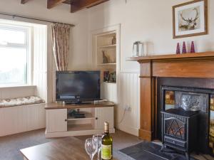 a living room with a television and a fireplace at Mont Stewart Cottage in Whiting Bay