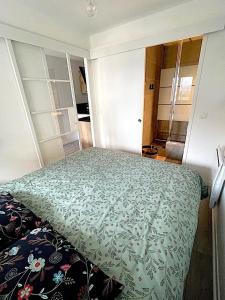 a bedroom with a bed with a green comforter at Appartement tout confort très proche mer in Villers-sur-Mer +9 photos