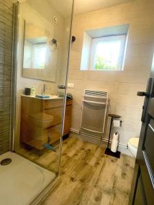 a bathroom with a shower and a sink and a toilet at Vert Bocage à Bâlines in Balines