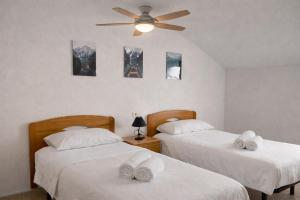 a bedroom with two beds and a ceiling fan at Apto Espert l PISCINA l Cine l Garaje l BBQ l Wifi in Biescas +22 photos