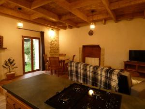 a living room with a couch and a stove top at Gîte Val de Loire Le Puits in Loudun