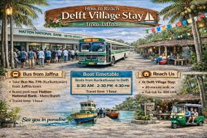 a flyer for a destination village stay with a bus at Delft Village Stay - Experience Based Local Island Stay in Jaffna in Delft East