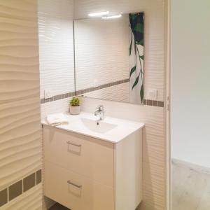 a bathroom with a sink and a mirror at Gîte Chez Claudia in Marsolan +9 photos
