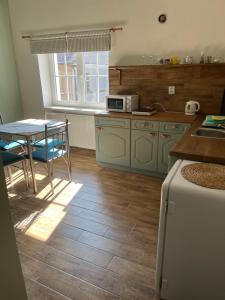 a kitchen with blue cabinets and a table with a microwave at Penzion WIESEN in Meziměstí +18 photos