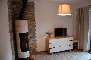 ein Wohnzimmer mit Kamin und Fernseher in der Unterkunft Apartman #11 - Apartmanovy dom Ďumbier - Chopok Juh in Tale