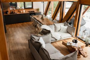 ein Wohnzimmer mit Sofa und Tisch in der Unterkunft Arenis in Muntele Băişorii