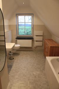 a bathroom with a sink toilet and a window at Ferienhaus Schünhoff in Schneverdingen +8 photos