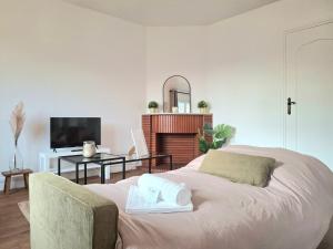 a living room with a bed and a television at Le Sweet Escape - Vue Sur La Cathédrale in Beauvais +23 photos