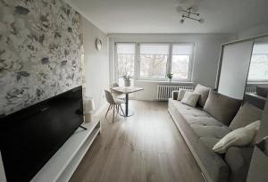 a living room with a couch and a table at Apartament Rynek Strzelin in Strzelin