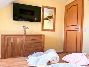 a bedroom with a tv and a dresser and a bed at Ferienhaus Landeskrone für 10 Personen mit Sauna, Terrasse, inkl Parkplatz in Dresden in Dresden