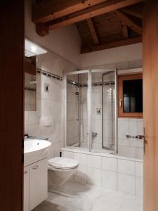 a bathroom with a shower and a toilet and a sink at Ferienhaus Grüner Heinrich in Andermatt