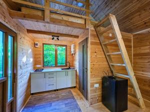 a kitchen with a staircase in a tiny house at Bear Watching Tiny House in Lupeni