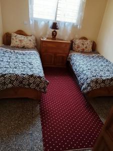 a bedroom with two beds and a red carpet at Razzak in Rabat