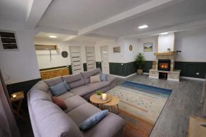 a living room with a couch and a fireplace at Casa Elis Piscina, Jacuzzy , Sauna, Ciubar in Merei