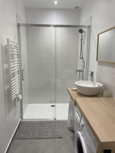 a bathroom with a shower with a sink and a toilet at Cozy Studio with Terrace in Cers +8 photos