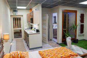 a room with a kitchen and a living room at E14 apartman in Berekfürdő