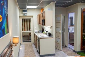 a small kitchen with a sink and a counter at E14 apartman in Berekfürdő +7 photos