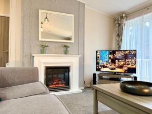 a living room with a fireplace and a flat screen tv at JJs Lodge Jorvik in Walkington