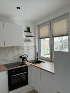 a kitchen with white cabinets and a sink and two windows at Apartament Jedenastka in Kraśnik