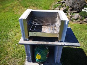 an oven sitting on a bench in the grass at chalet besse en chandese in Besse-et-Saint-Anastaise