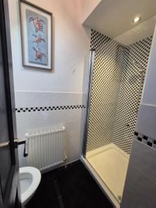 a bathroom with a shower and a toilet at The Old Mill - Ripon Centre in Ripon