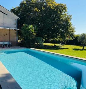 a large blue swimming pool next to a house at Mas de la Meï in Cavaillon