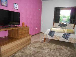 a living room with a flat screen tv and a bed at Chacara barro branco in Foz do Iguaçu