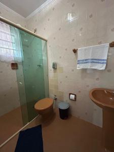 a bathroom with a shower and a toilet and a sink at Fascinação Café Hotel in Cunha