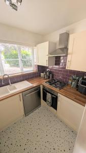a kitchen with a sink and a stove top oven at 70's Inspired 1 Bed flat in Knebworth