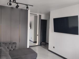 a living room with a couch and a television on a wall at Balka-centr Tiraspol in Tiraspol