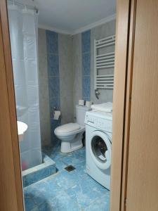 a bathroom with a toilet and a washing machine at Magda's apartments in Perea +19 photos