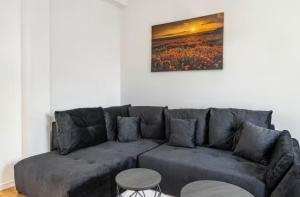 a couch in a living room with a painting on the wall at Elb Park Suite in Wittenberge
