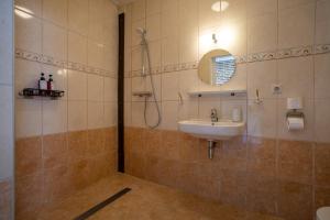 a bathroom with a sink and a shower and a mirror at Buitengoed de Panoven in Zevenaar