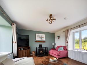a living room with a pink chair and a tv at Knocknahighle in Cromdale
