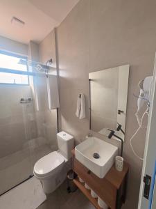 a bathroom with a toilet and a sink and a shower at Studio Cotia Próximo ao Thermas da Mata, Animalia Park e CT São Paulo in Cotia